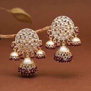 Maroon Kundan & Beads Jhumka Earrings